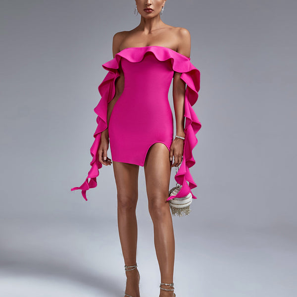 Chic Off-Shoulder Ruffle Mini Bandage Dress - Opulent Empire