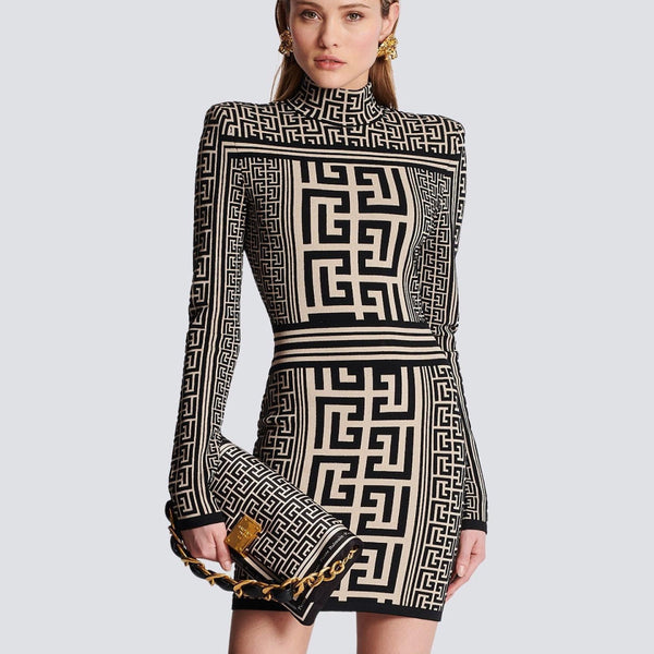 Fitted Dress with Turtleneck and Jacquard, Elegant Mini Design HT3048
