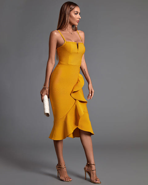 Strappy Sleeveless Frill Over Knee Bandage Dress - Opulent Empire