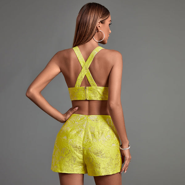 Elegant V-Neck Jacquard Shorts Set