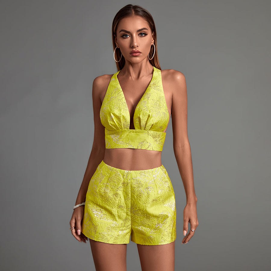 Elegant V-Neck Jacquard Shorts Set