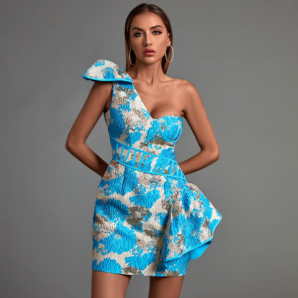 Mini bodycon dress with one-shoulder ruffle sleeveless