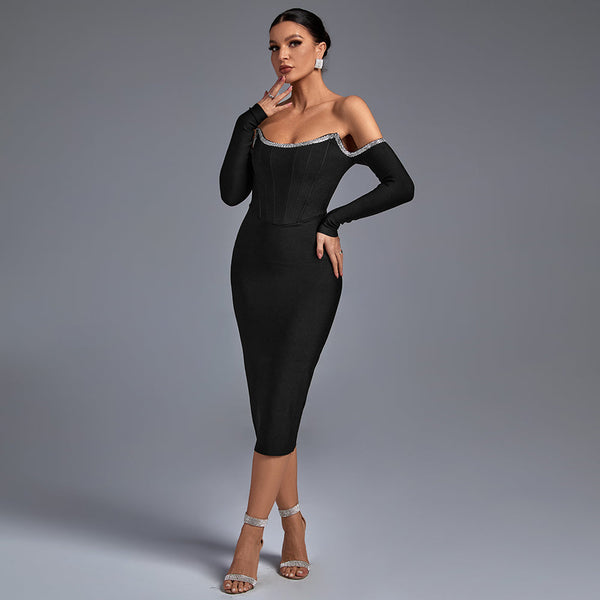 Elegant Off-Shoulder Rhinestone-Embellished Midi Bandage Dress - Opulent Empire
