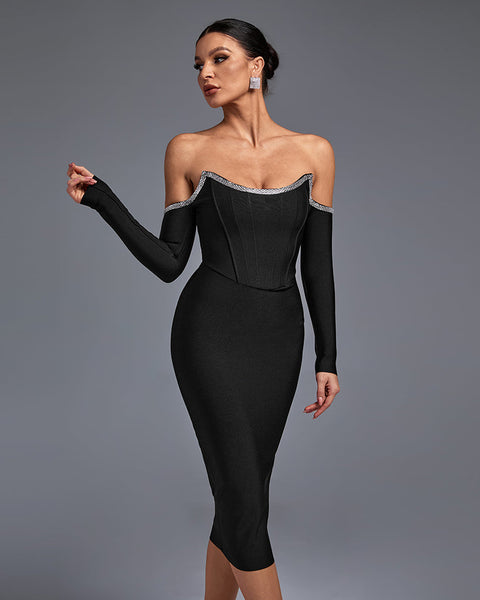 Elegant Off-Shoulder Rhinestone-Embellished Midi Bandage Dress - Opulent Empire
