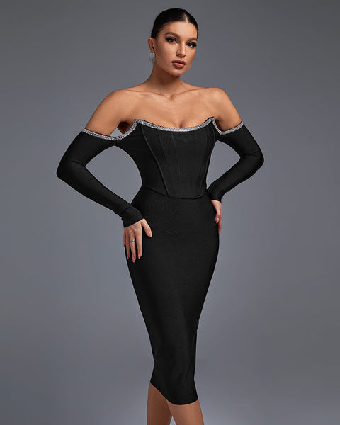 Elegant Off-Shoulder Rhinestone-Embellished Midi Bandage Dress - Opulent Empire