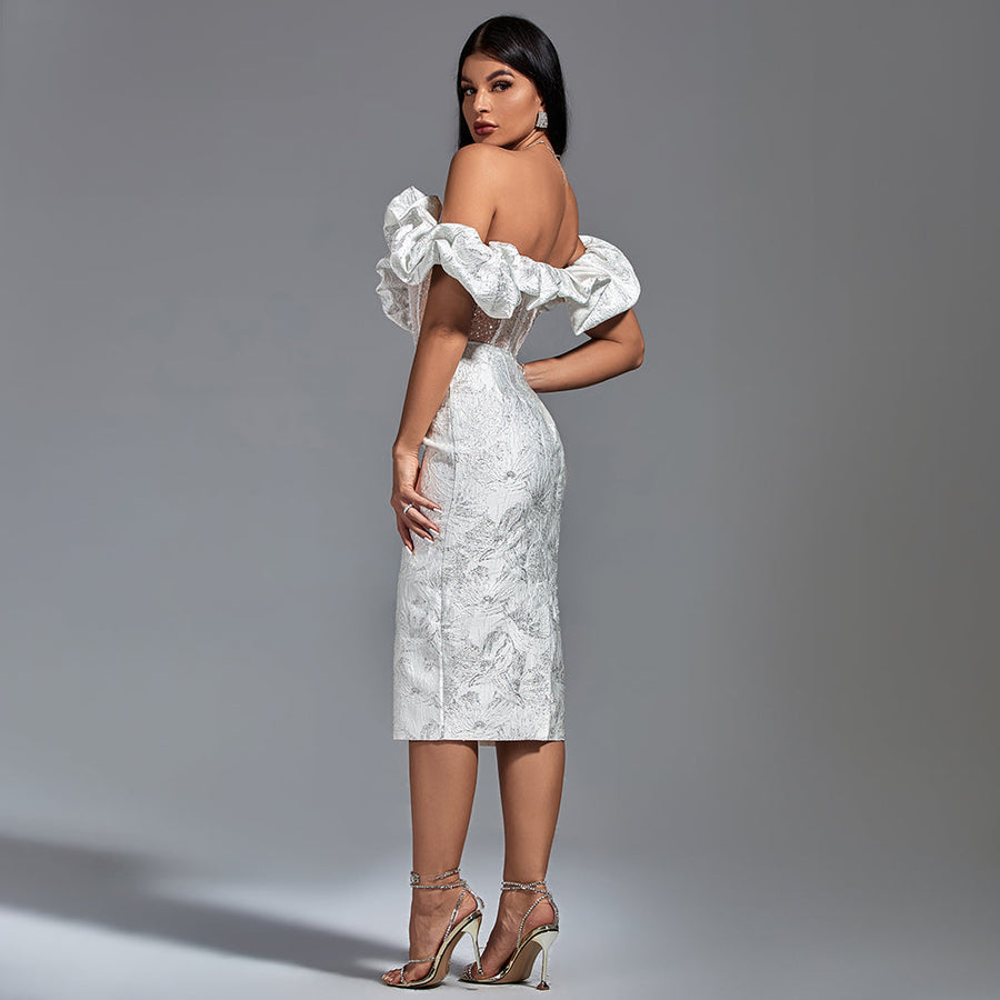 Elegant midi evening dress with off-shoulder neckline and pleats, bodycon fit