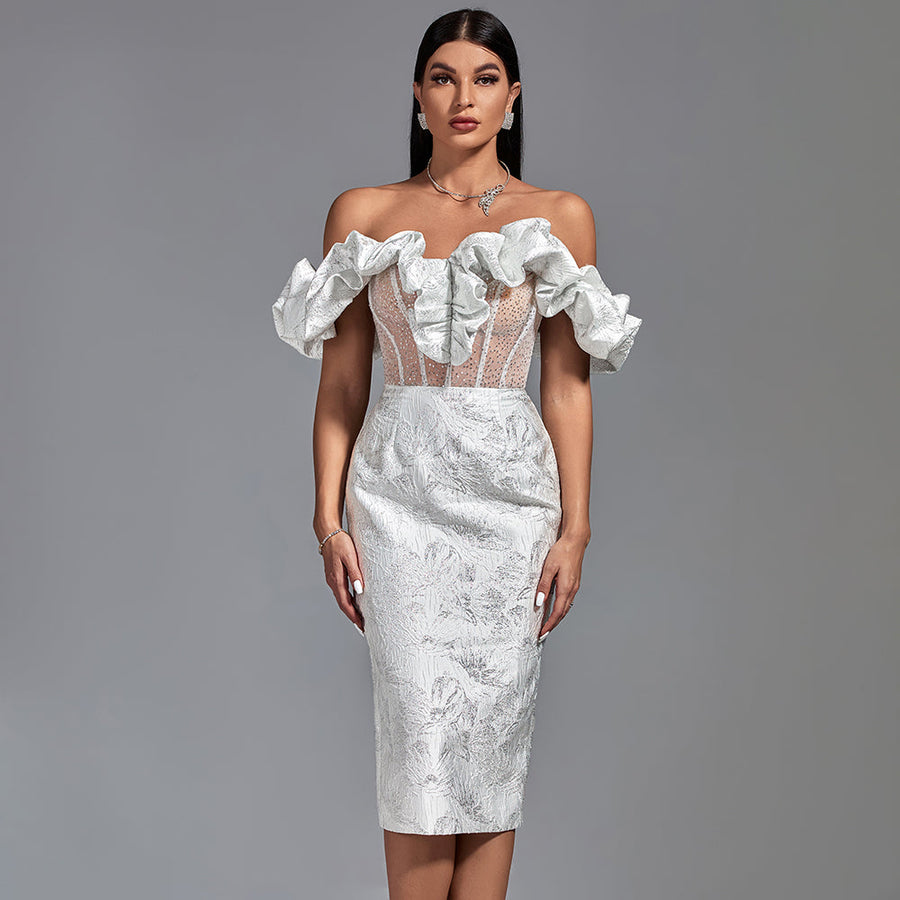 Elegant midi evening dress with off-shoulder neckline and pleats, bodycon fit