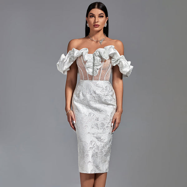 Elegant midi evening dress with off-shoulder neckline and pleats, bodycon fit