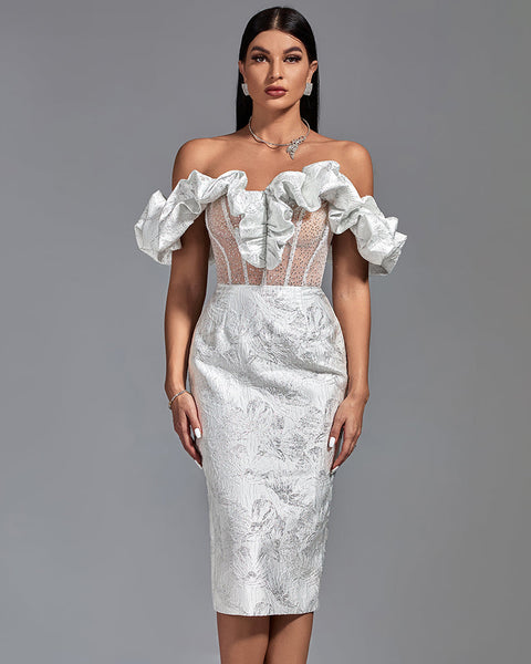 Elegant off-the-shoulder midi dress with pleats and a refined bodycon silhouette