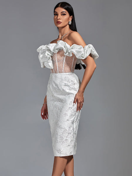 Elegant midi evening dress with off-shoulder neckline and pleats, bodycon fit