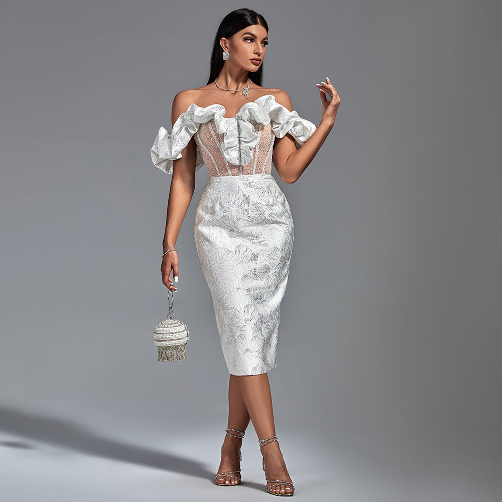 Elegant midi evening dress with off-shoulder neckline and pleats, bodycon fit