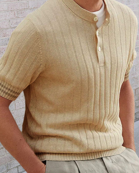 Men's Plus Size Ribbed Quarter Button Round Neck Striped Trim Polo - Opulent Empire