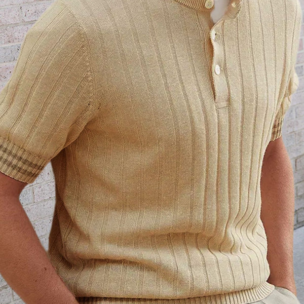 Men's Plus Size Ribbed Quarter Button Round Neck Striped Trim Polo - Opulent Empire