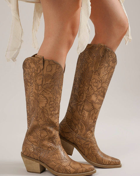Beast Fashion Embossed Floral Point Toe Block Heel Boots - Opulent Empire