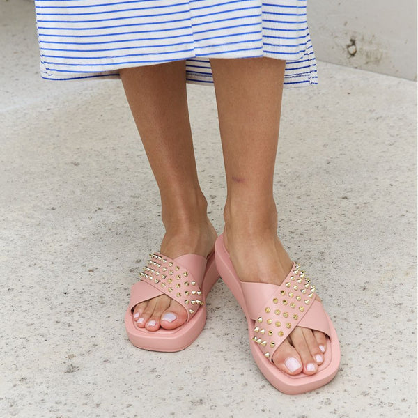 Forever Link Studded Cross Strap Sandals in Blush - Opulent Empire