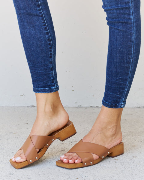Weeboo Step Into Summer Criss Cross Wooden Clog Mule in Brown - Opulent Empire