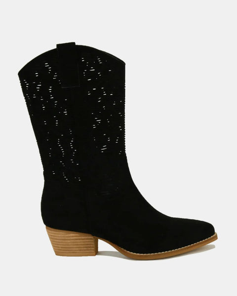 Beast Fashion Faux Suede Laser Cut Detail Block Heel Boots - Opulent Empire