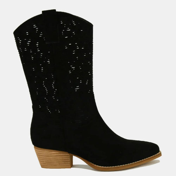 Beast Fashion Faux Suede Laser Cut Detail Block Heel Boots - Opulent Empire