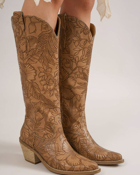 Beast Fashion Embossed Floral Point Toe Block Heel Boots - Opulent Empire