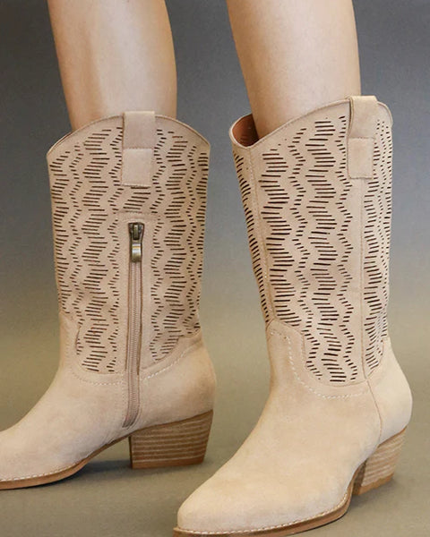 Beast Fashion Faux Suede Laser Cut Detail Block Heel Boots - Opulent Empire