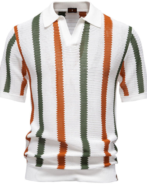 Men's Collared Neck Striped Knit Polo - Opulent Empire