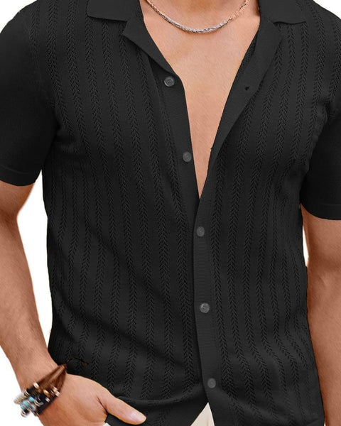 Men's Full Size Openwork Button Down Short Sleeve Shirt Plus Size - Opulent Empire