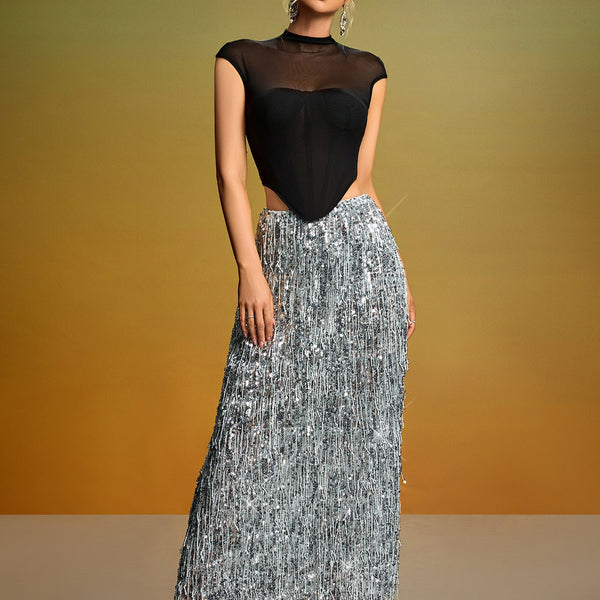 Mesh Corset & Sequin Fringe Skirt Set