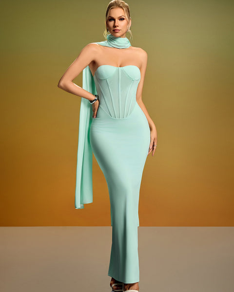 Elegant Strapless Bustier Dress with Chic Neck Scarf