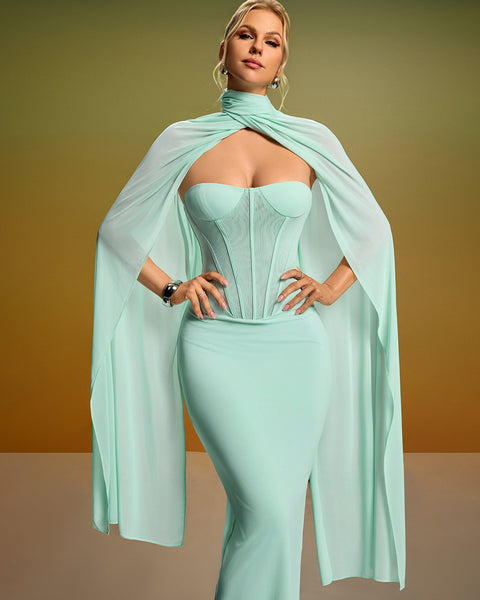 Elegant Strapless Bustier Dress with Chic Neck Scarf