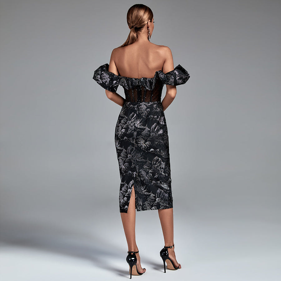 Elegant Playful and Chic Midi Dress with Balloon Sleeves and Draped Collars Sleeveless