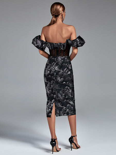 Elegant Playful and Chic Midi Dress with Balloon Sleeves and Draped Collars Sleeveless