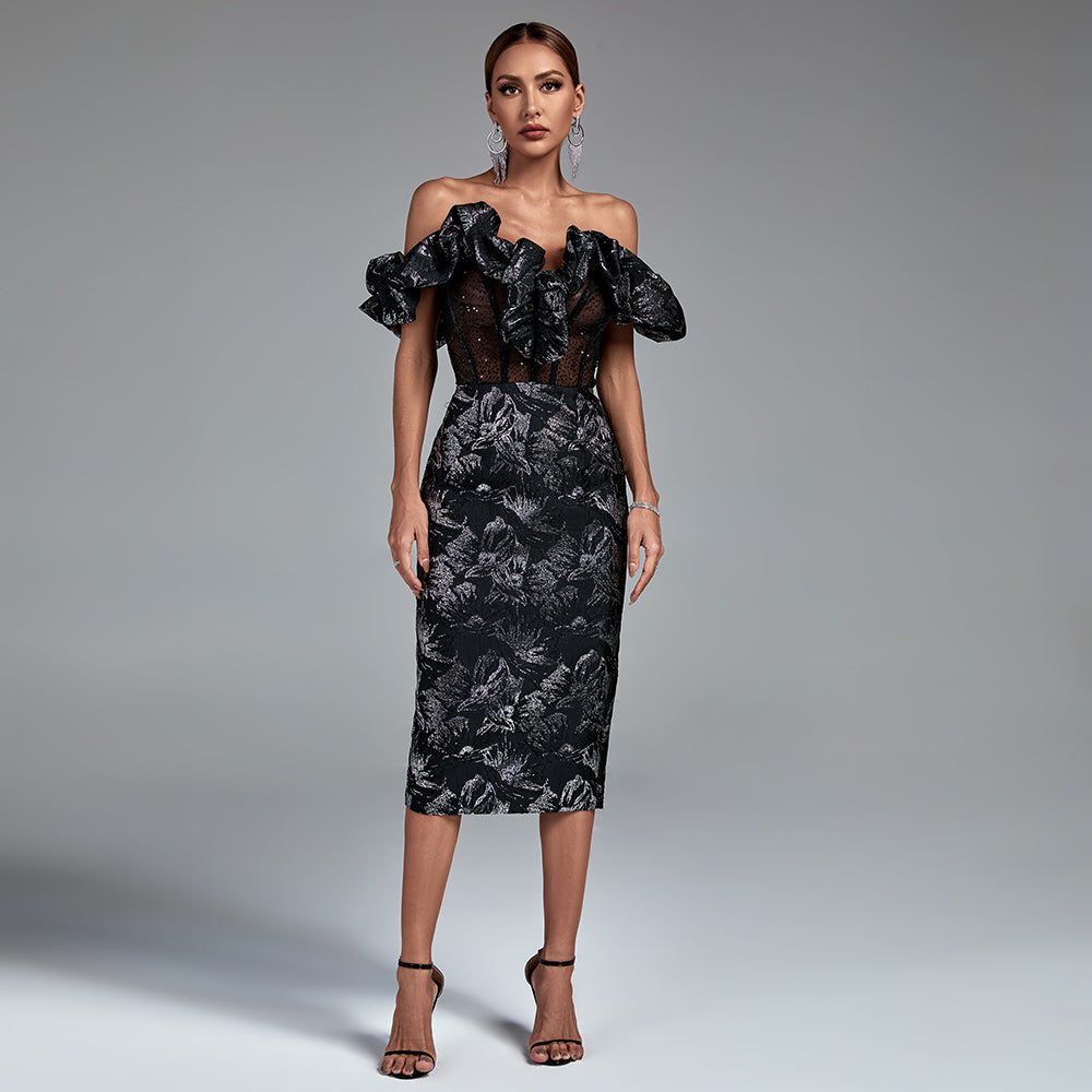 Elegant Playful and Chic Midi Dress with Balloon Sleeves and Draped Collars Sleeveless