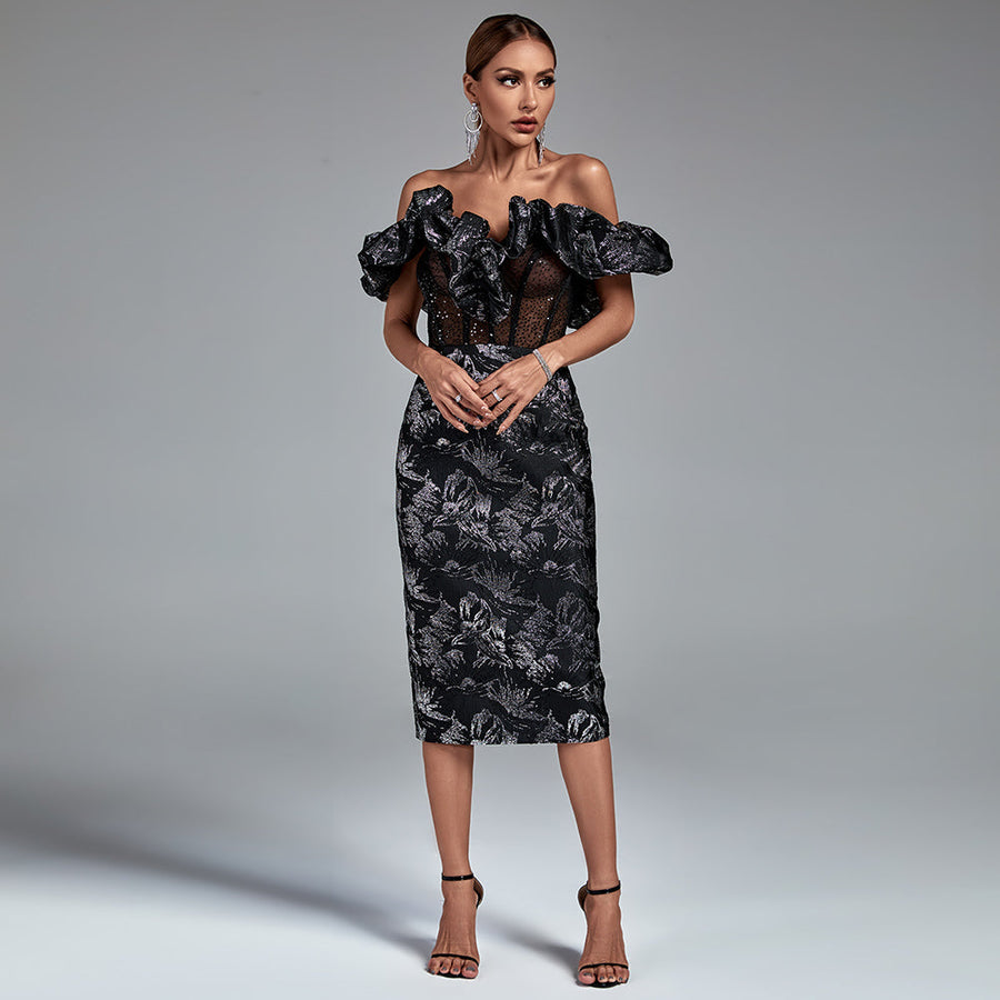 Elegant Playful and Chic Midi Dress with Balloon Sleeves and Draped Collars Sleeveless