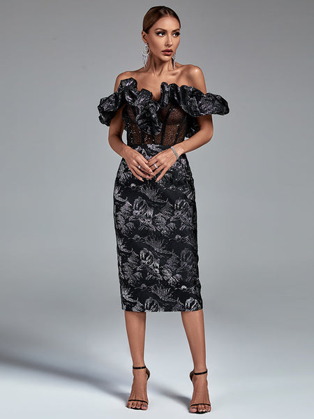 Elegant Playful and Chic Midi Dress with Balloon Sleeves and Draped Collars Sleeveless