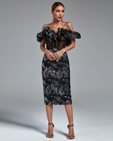 Elegant Playful and Chic Midi Dress with Balloon Sleeves and Draped Collars Sleeveless