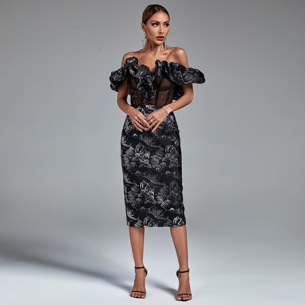 Elegant Playful and Chic Midi Dress with Balloon Sleeves and Draped Collars Sleeveless