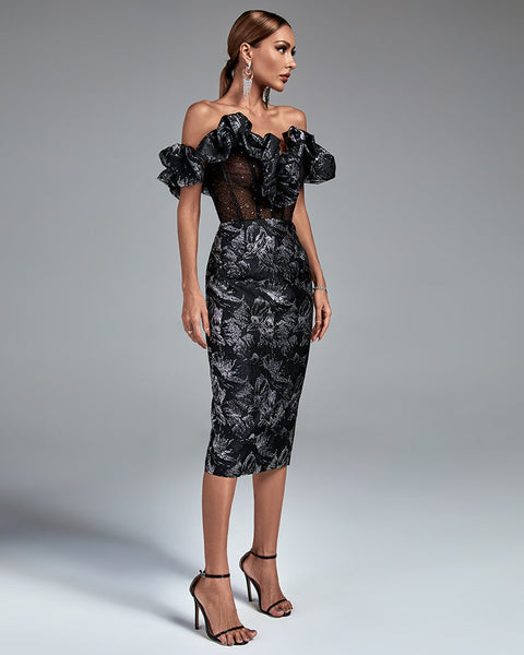 Elegant Playful and Chic Midi Dress with Balloon Sleeves and Draped Collars Sleeveless