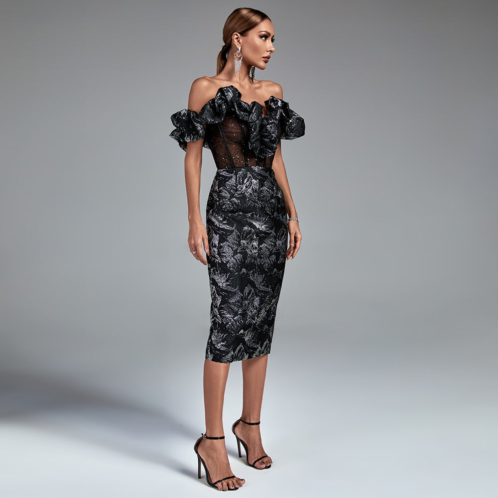 Elegant Playful and Chic Midi Dress with Balloon Sleeves and Draped Collars Sleeveless