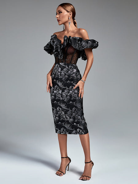 Elegant Playful and Chic Midi Dress with Balloon Sleeves and Draped Collars Sleeveless