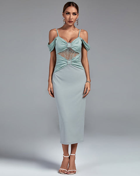 Elegant Strap-Detail Buckle Lace and Satin Midi Dress