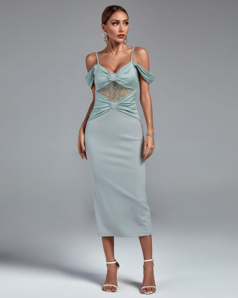 Elegant Strap-Detail Buckle Lace and Satin Midi Dress