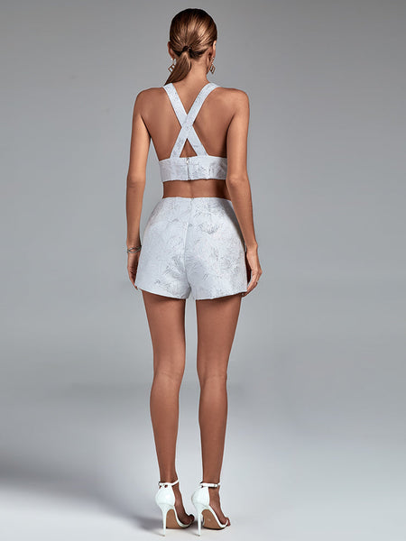 Elegant Style Deep V-Neck Jacquard Shorts Set