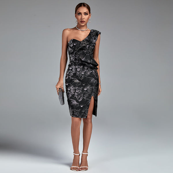 Sleeveless off-shoulder bodycon dress with ruffles for a chic and trendy look