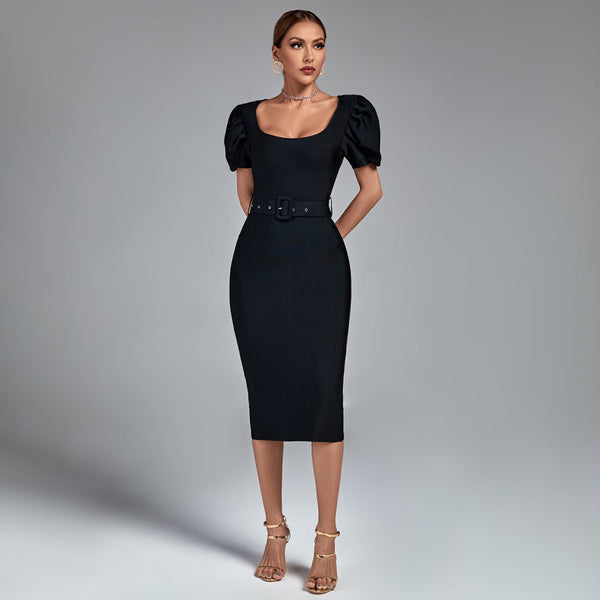 Square Collar Short Sleeve Midi Bandage Dress - Opulent Empire
