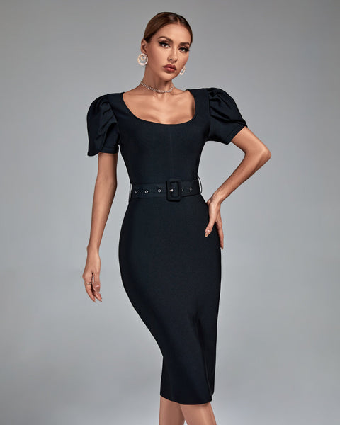 Square Collar Short Sleeve Midi Bandage Dress - Opulent Empire