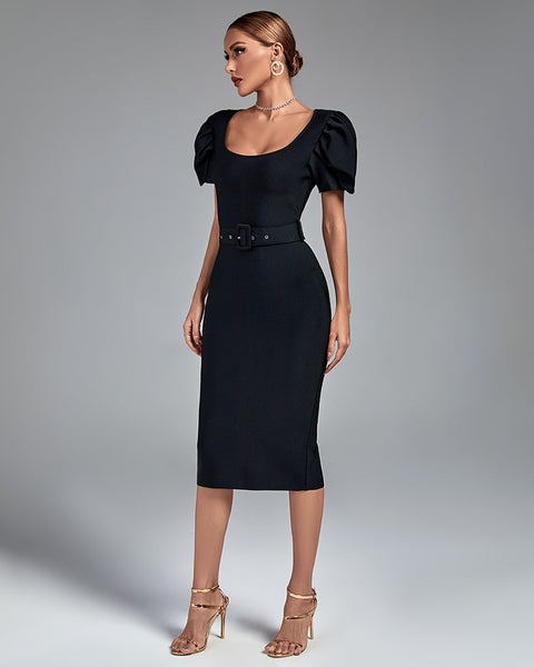 Square Collar Short Sleeve Midi Bandage Dress - Opulent Empire