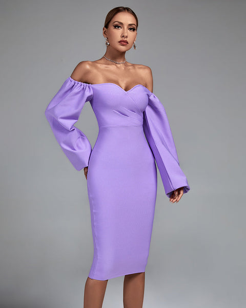 Off Shoulder Long Sleeve Midi Bandage Dress - Opulent Empire