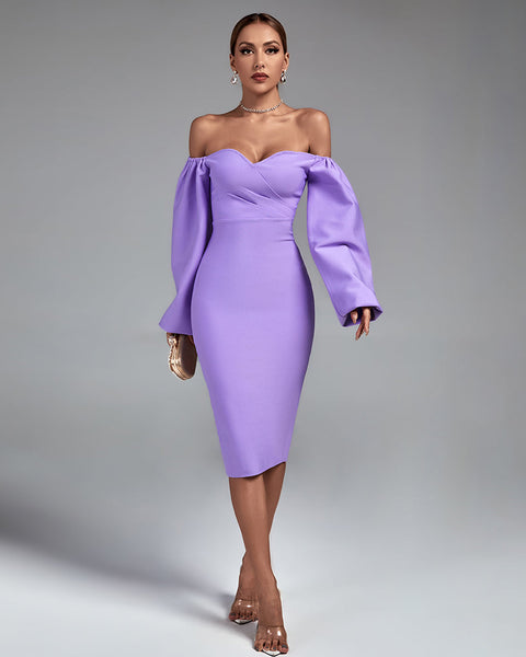Off Shoulder Long Sleeve Midi Bandage Dress - Opulent Empire