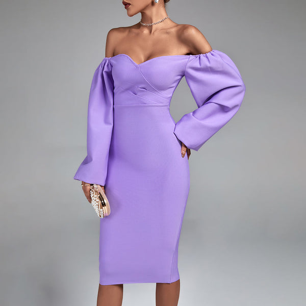 Off Shoulder Long Sleeve Midi Bandage Dress - Opulent Empire