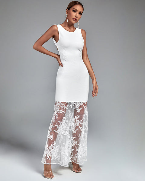 Round Neck Sleeveless Maxi Lace Bandage Dress - Opulent Empire